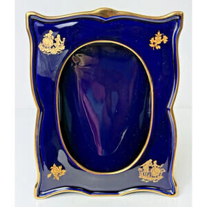 Vintage Limoges Castel Cobalt Blue 22k Gold Floral Oval Opening Porcelain Frame